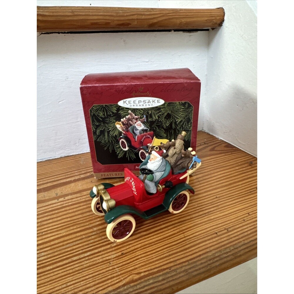 HALLMARK KEEPSAKE 4" SANTA'S JAZZY JALOPY CHRISTMAS SOUNDS ORNAMENT w/BOX